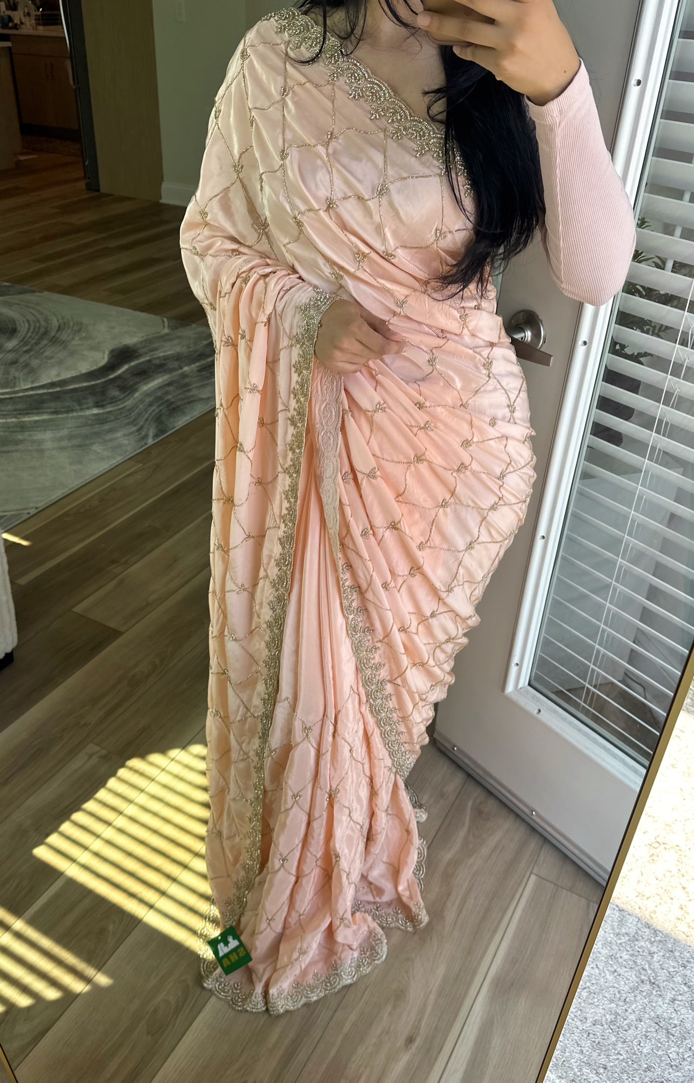 Peach silk hand work party saree