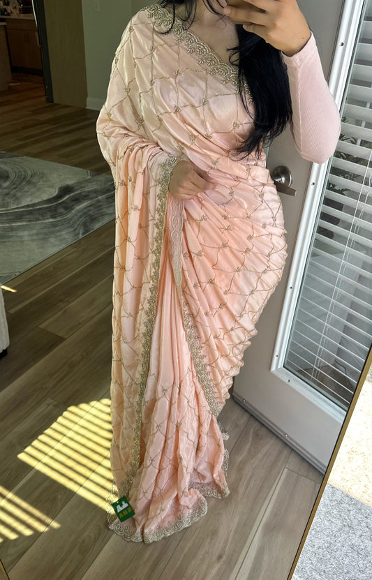 Peach silk hand work party saree