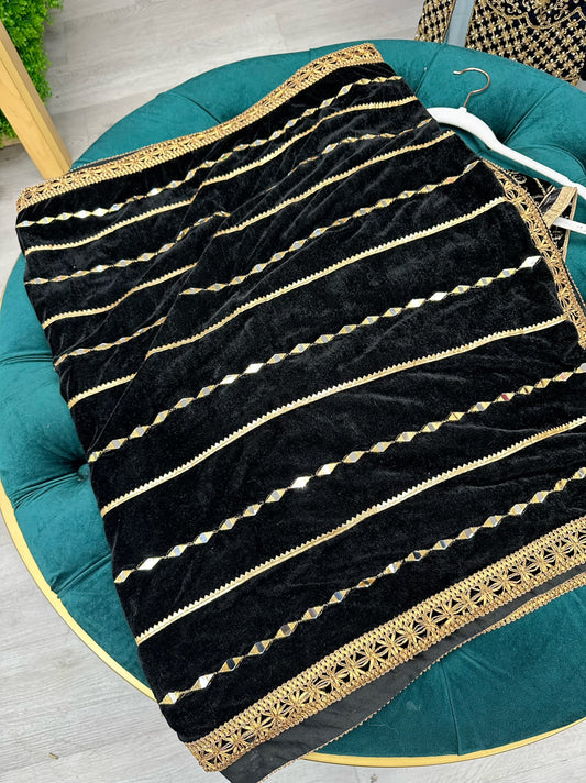 Black mirror work velvet shawl