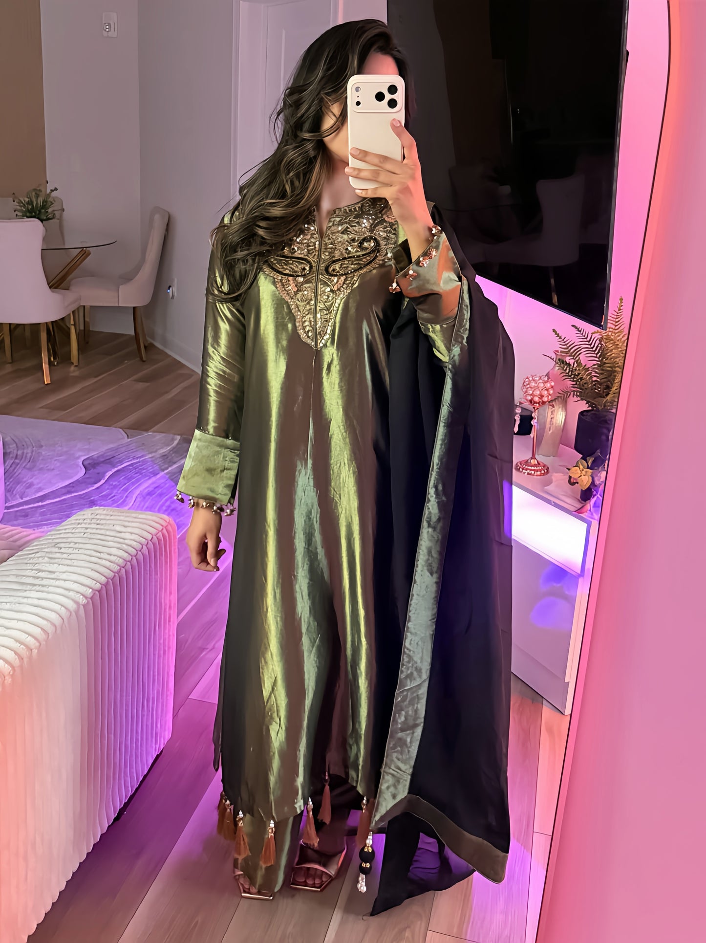 Shimmery olive green & black three piece suit