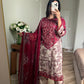 Burgundy print lawn embroidered suit with chiffon duppata