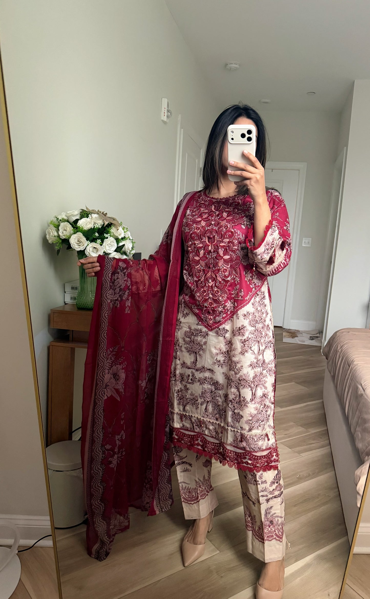 Burgundy print lawn embroidered suit with chiffon duppata