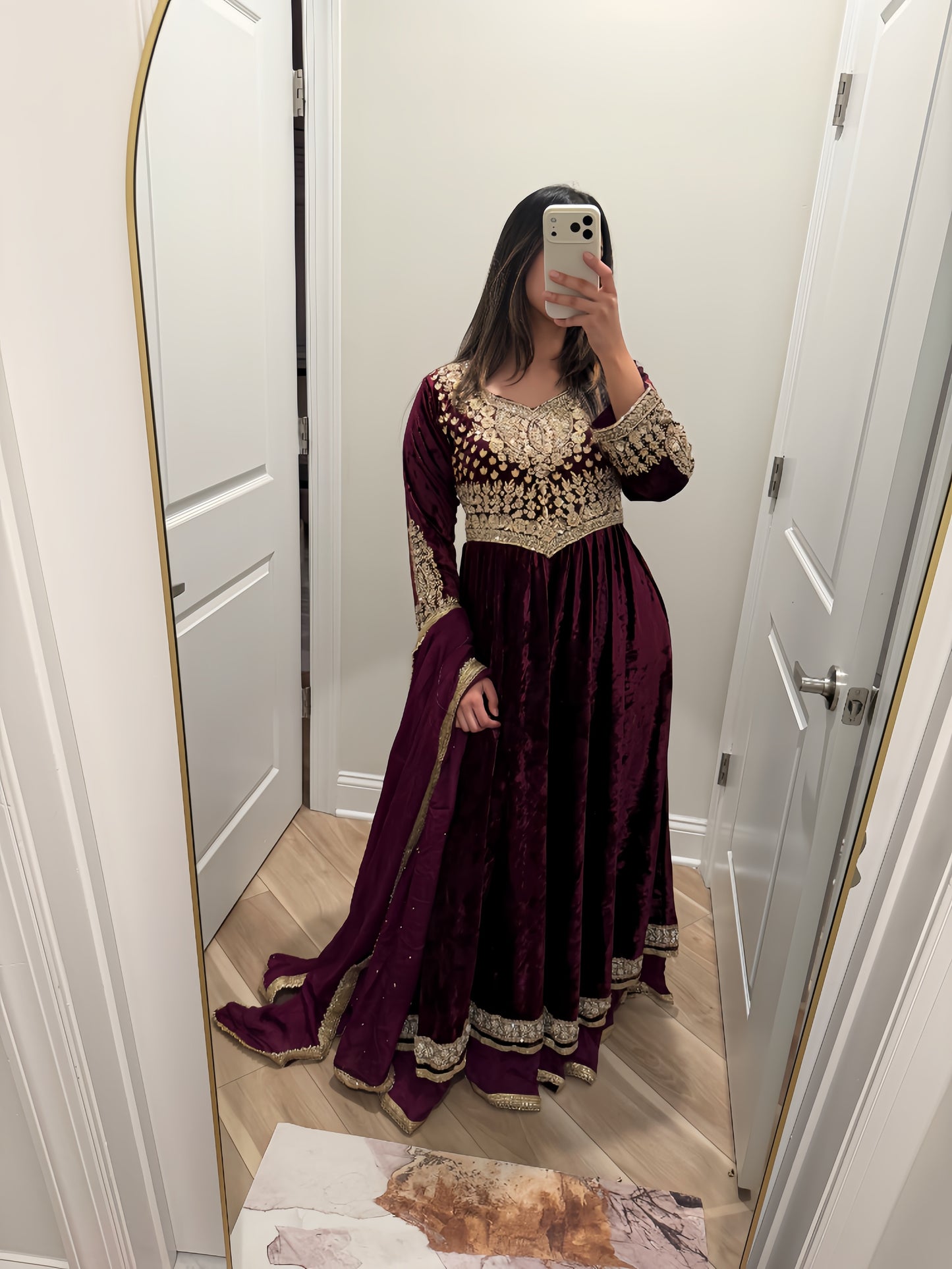 Plum velvet stone work maxi suit