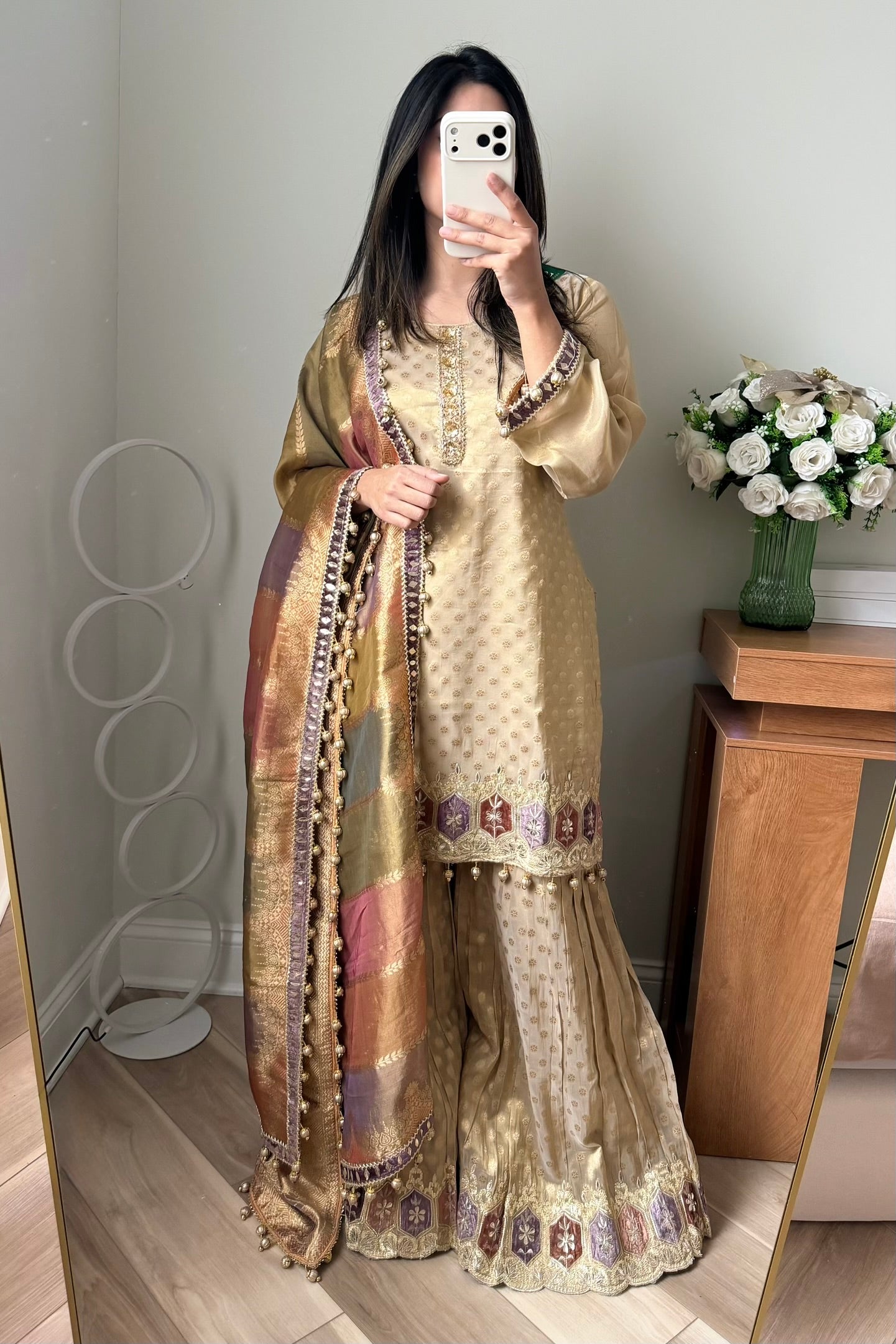 Beige gold Banarasi gharara suit