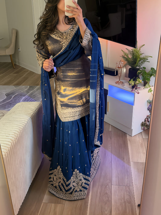 Deep royal blue Banarasi fancy wide leg suit