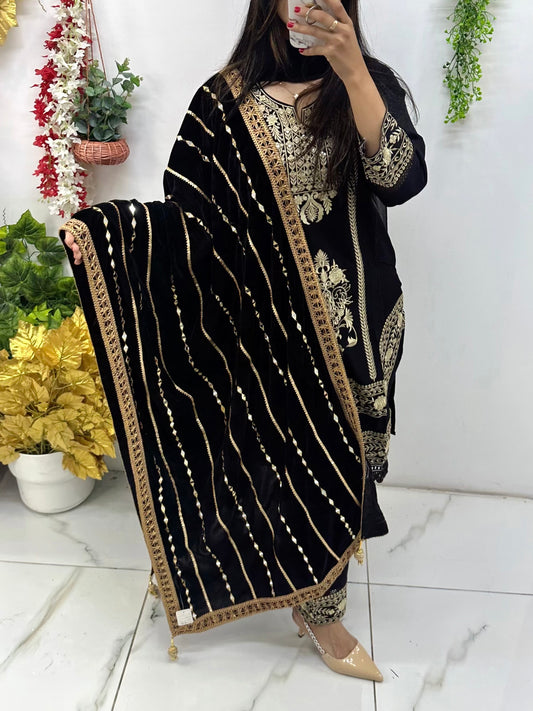 Black mirror work velvet shawl