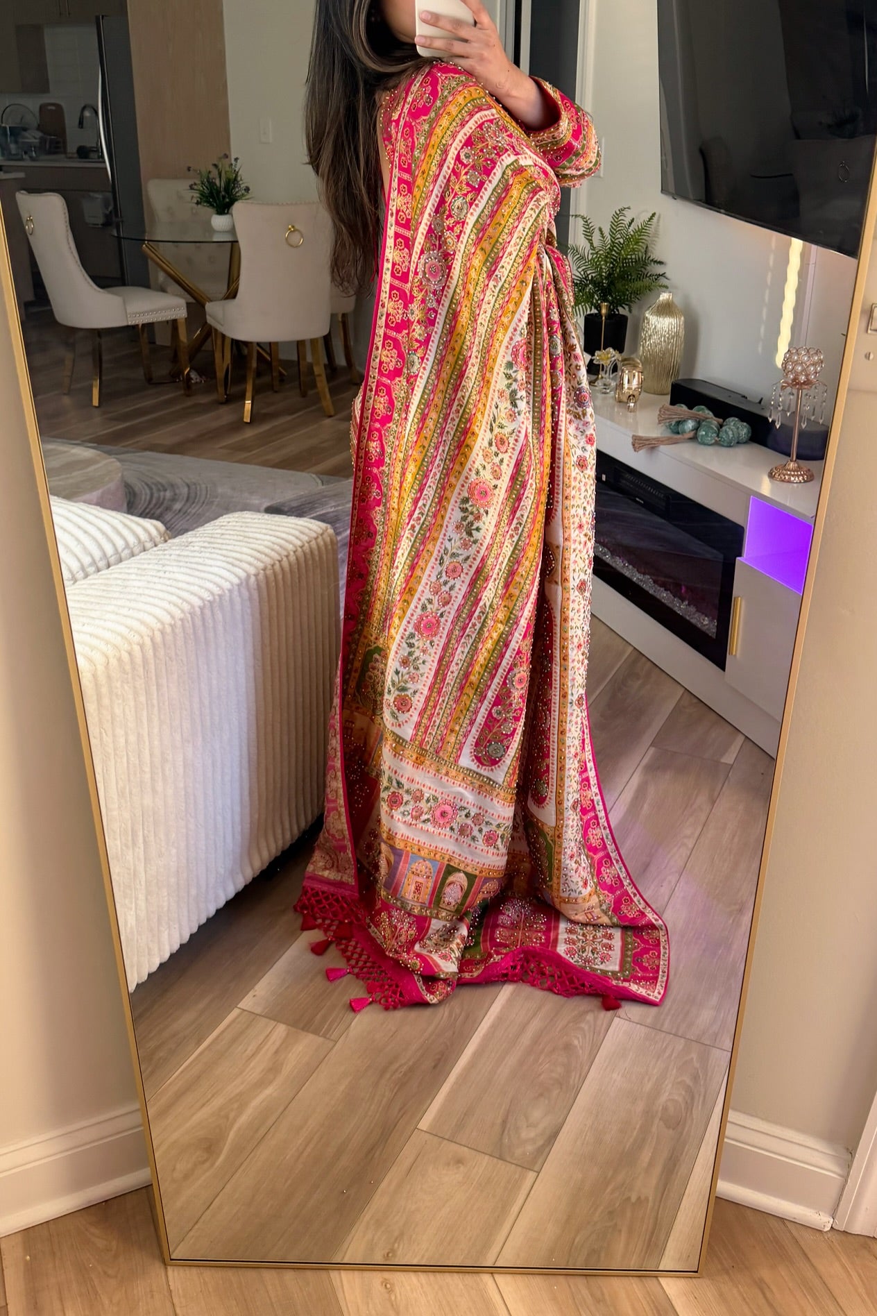 Pure hand look pure silk saree with stone work