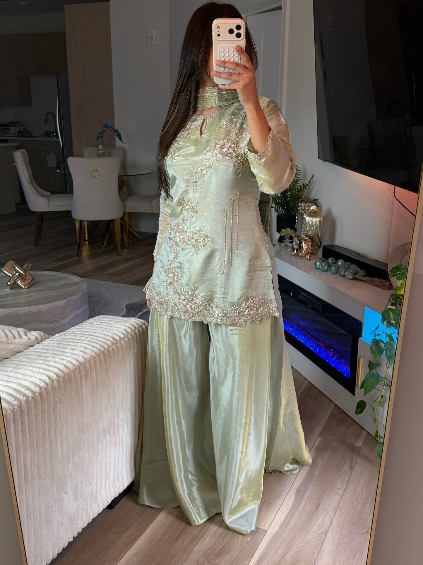 Sage green short kameez suit