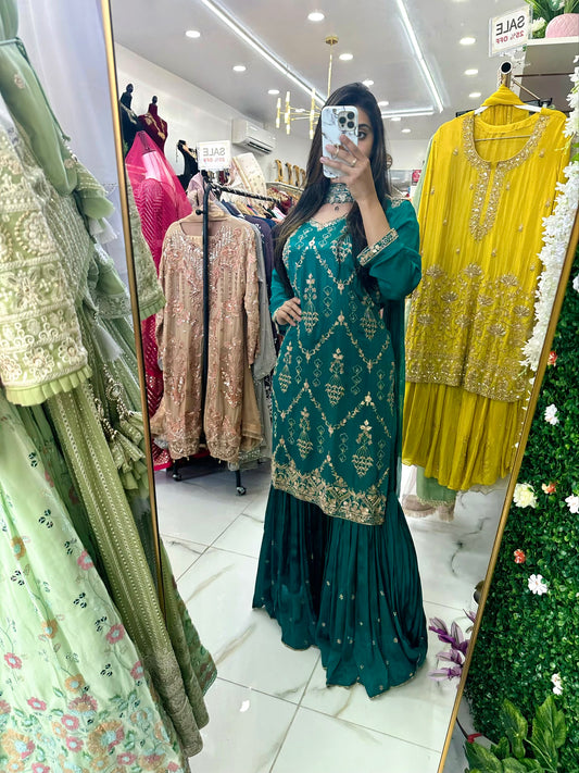 Green silk gharara suit
