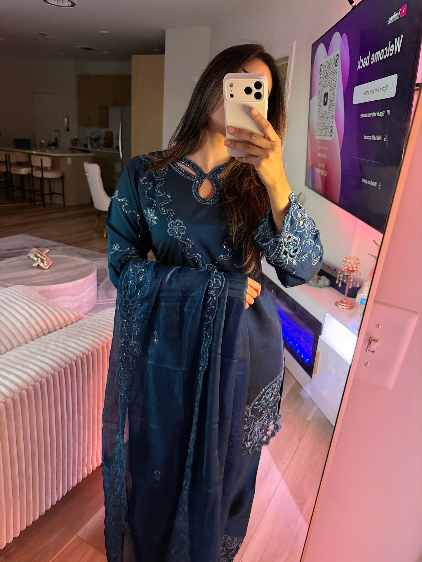 Tissue silk navy blue farshi salwar suit