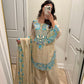 Gold & sky blue silk tissue farshi salwar suit