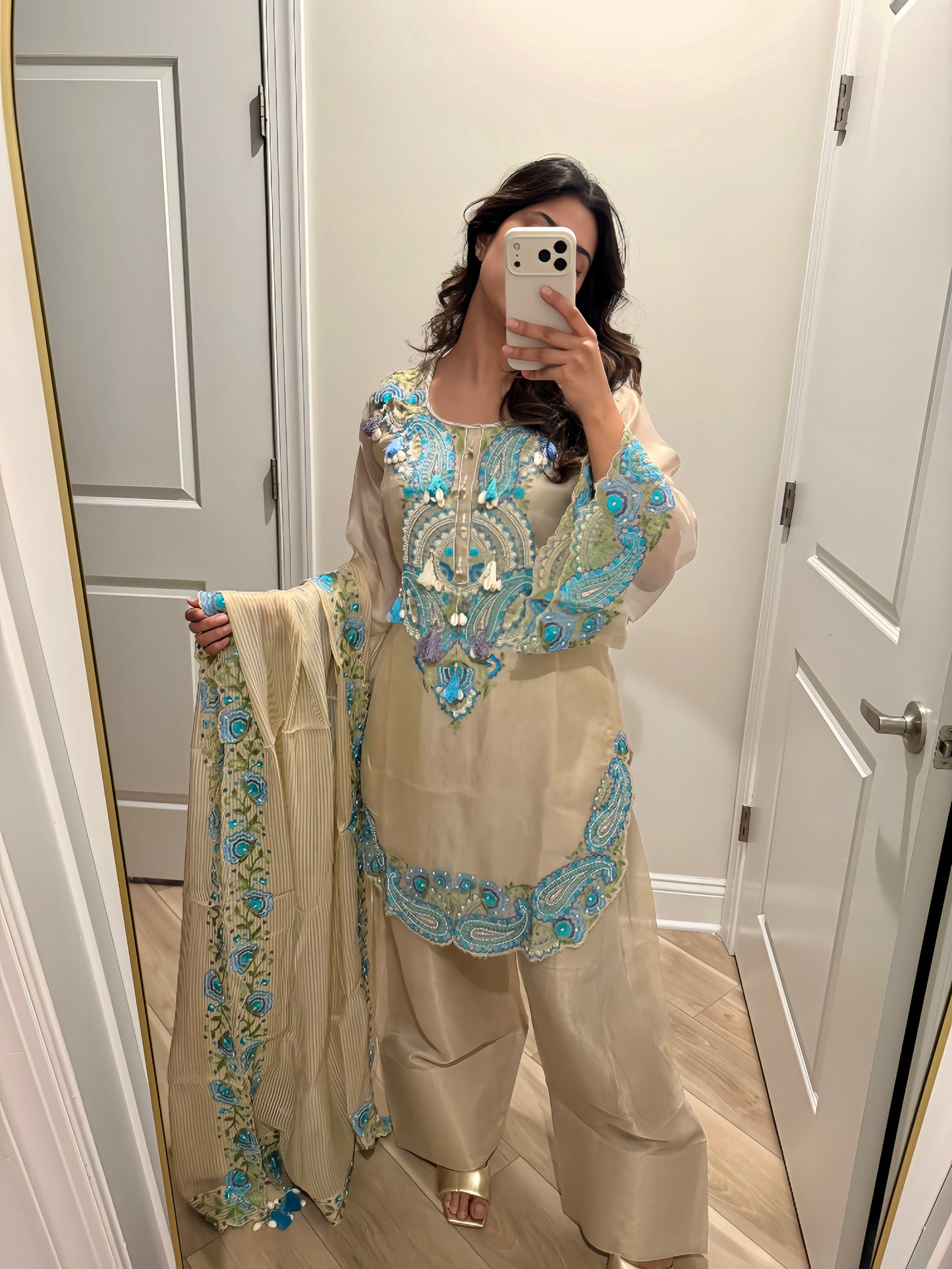 Gold & sky blue silk tissue farshi salwar suit