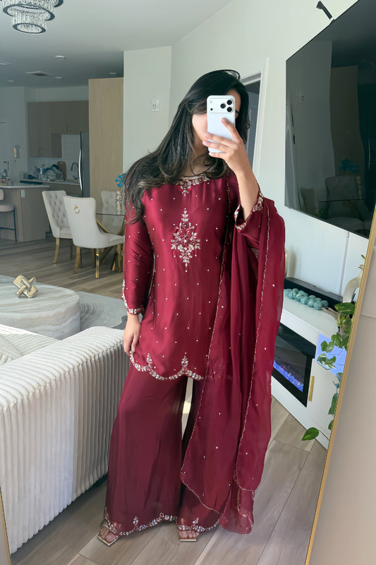 Satin silk maroon short kameez suit