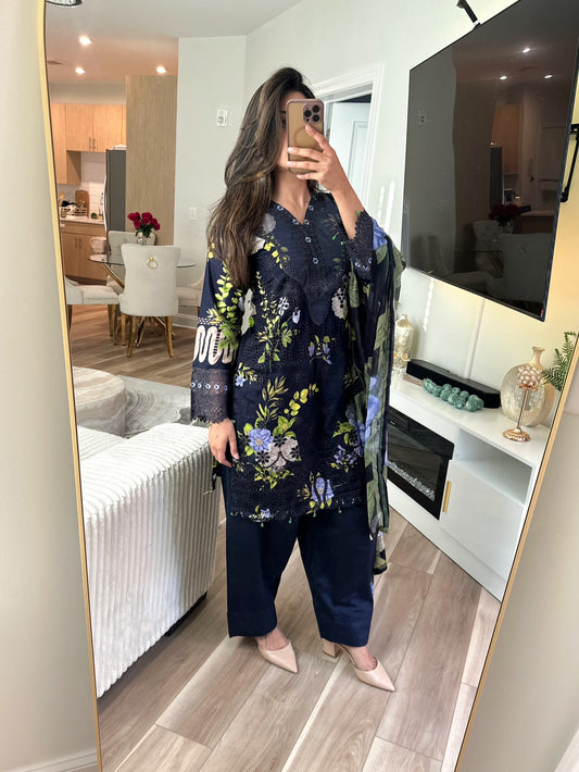 Navy blue floral lawn suit