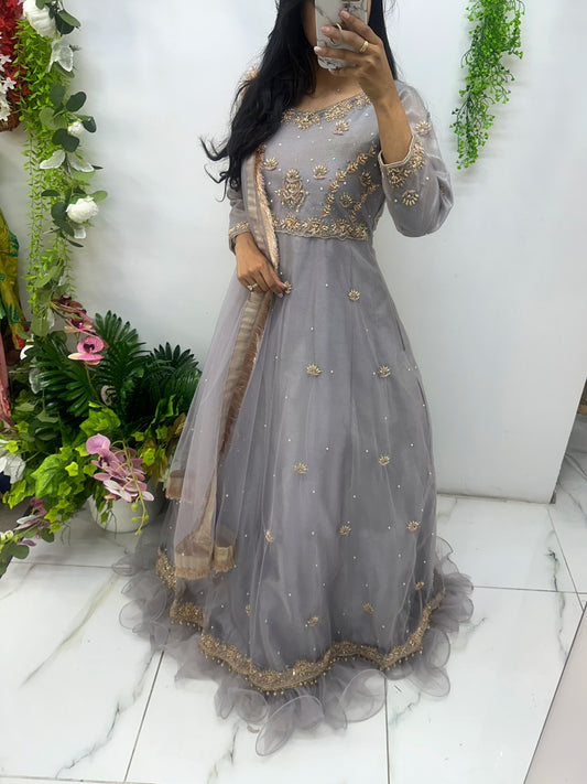 Pastel grey hand work maxi set