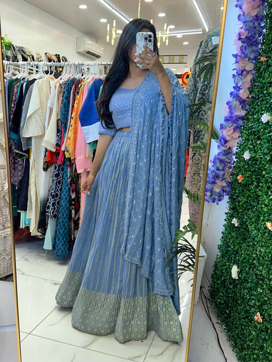 Powder blue brocade Banarasi lehenga
