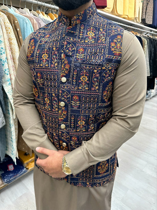 Royal blue multi colored waistcoat