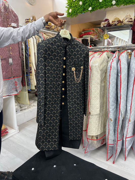 Open jacket style black sherwani