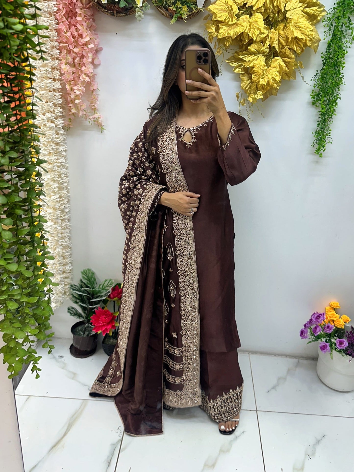 Chocolate brown suit with heavy duppata