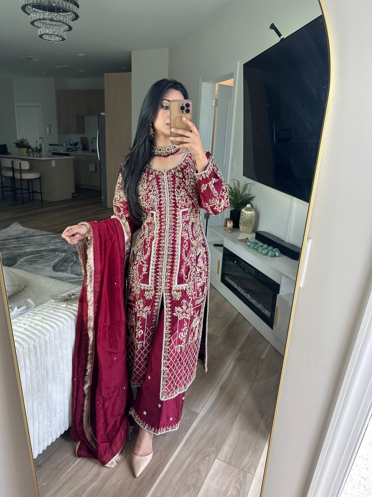 Maroon silk hand work suit