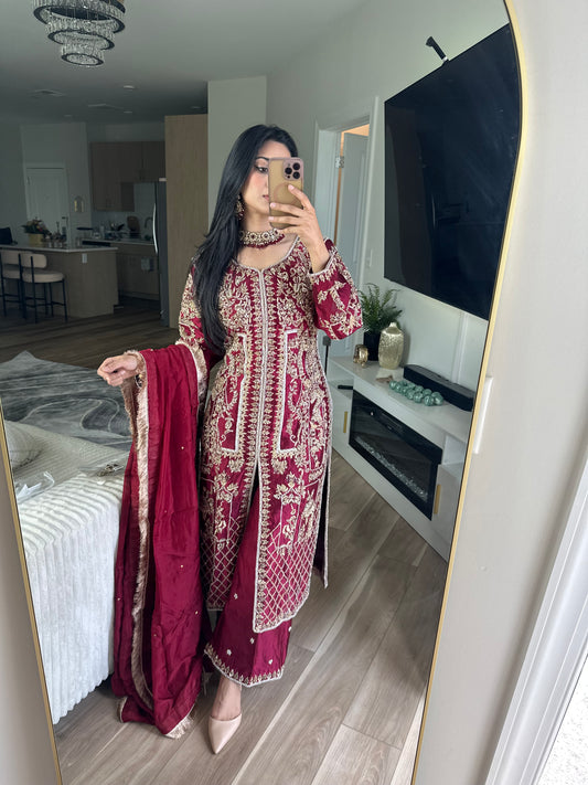 Maroon silk hand work suit