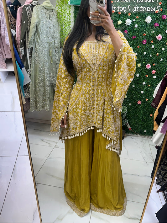 Mustard yellow silk party wear suit