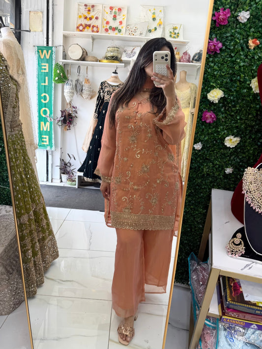 Peach soft silk tissue suit