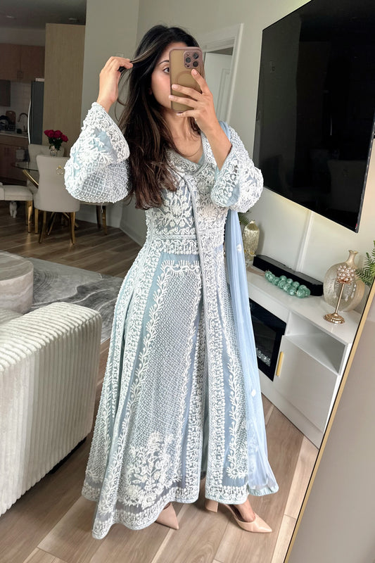 Ice blue angrakha chikankari suit