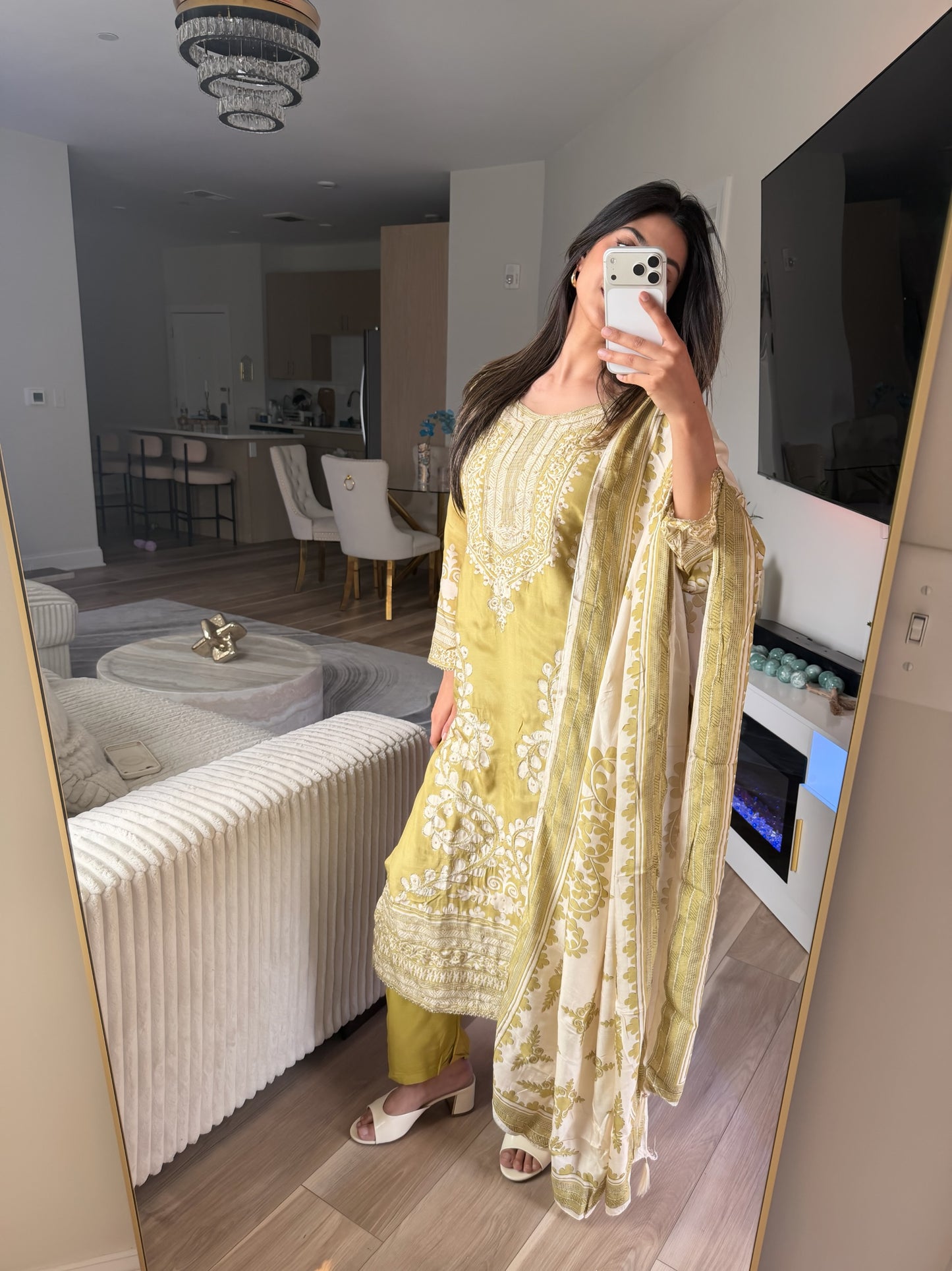 Yellow white modal silk suit