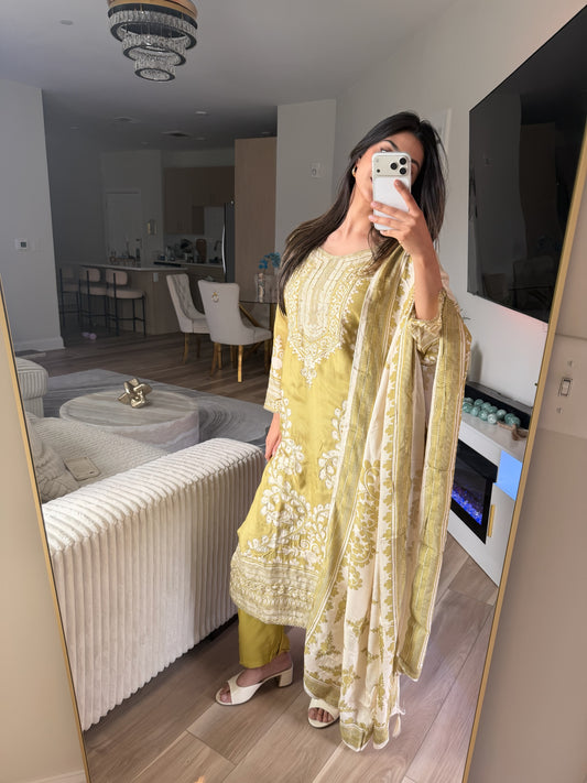 Yellow white modal silk suit