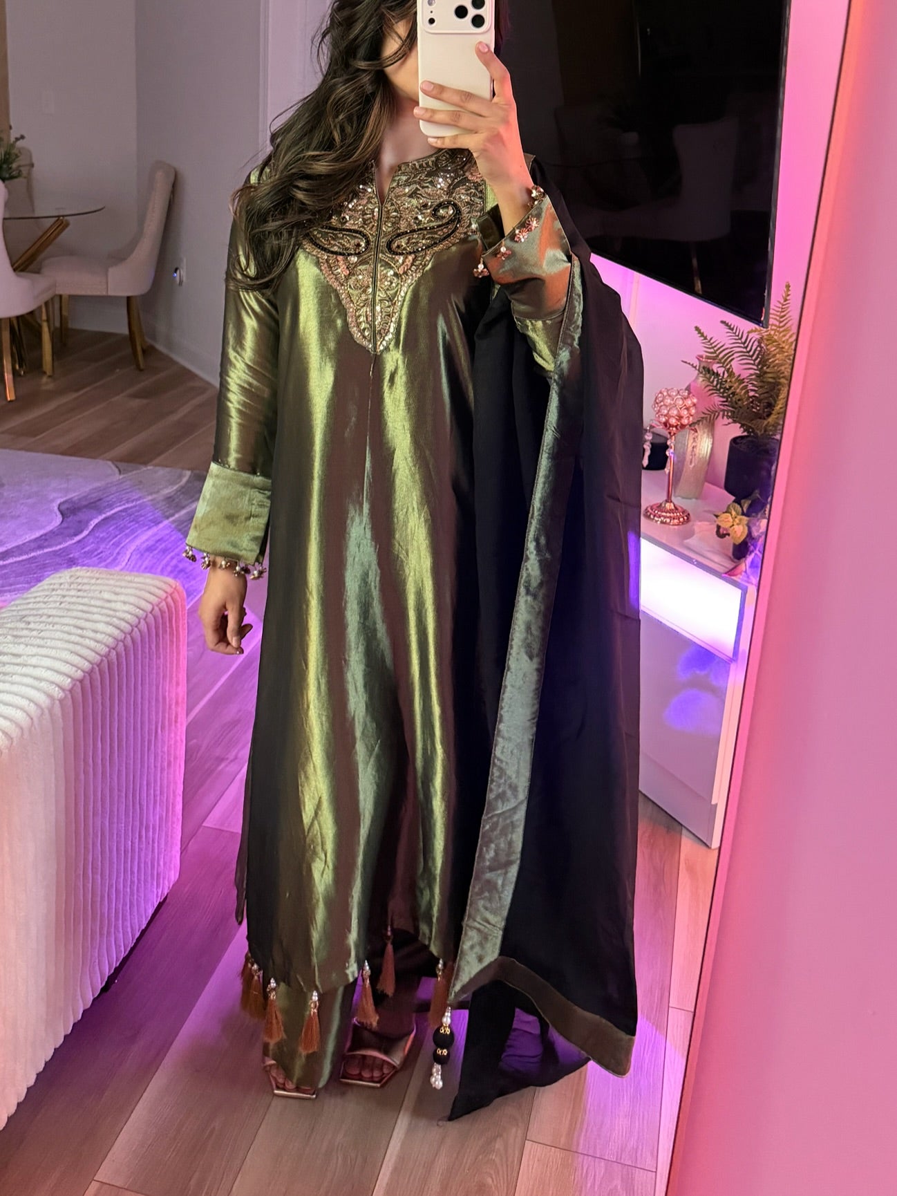 Shimmery olive green & black three piece suit