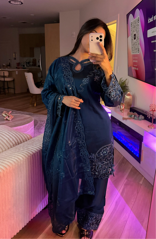 Tissue silk navy blue farshi salwar suit