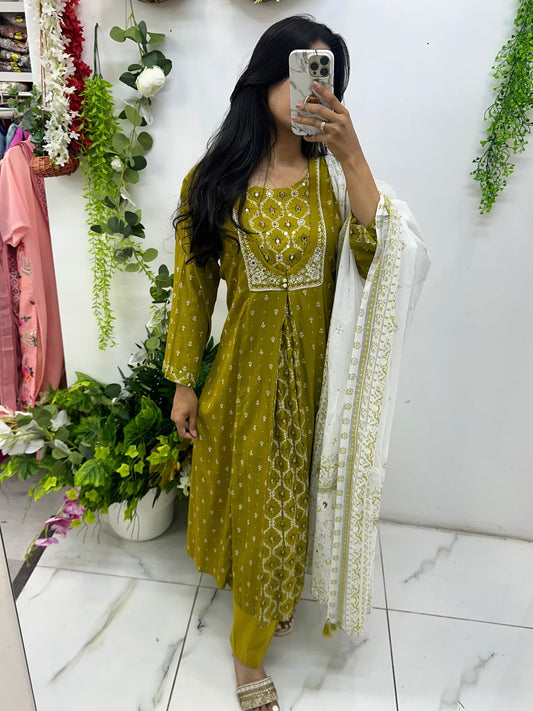 Olive green linen block print suit