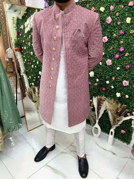 Light purple sequence thin velvet indo western sherwani