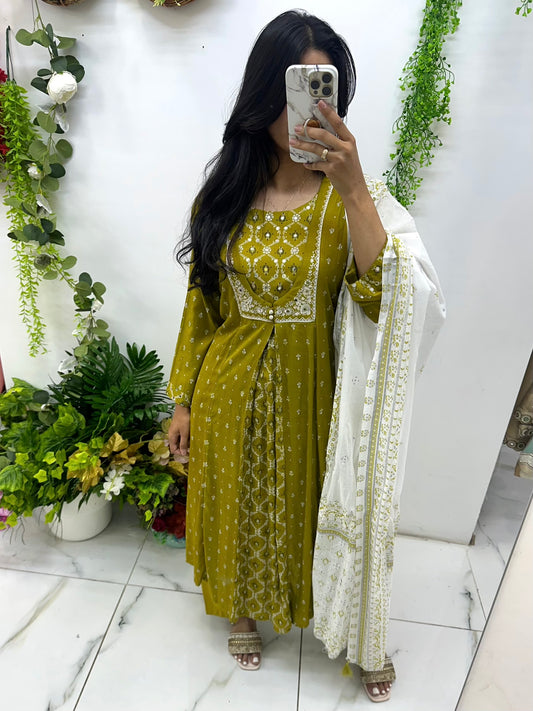 Olive green linen block print suit