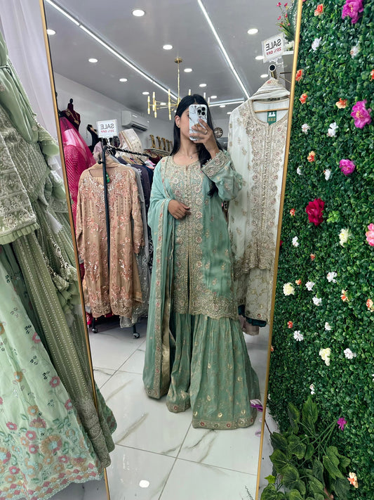 Mint blue banarasi party wear gharara suit