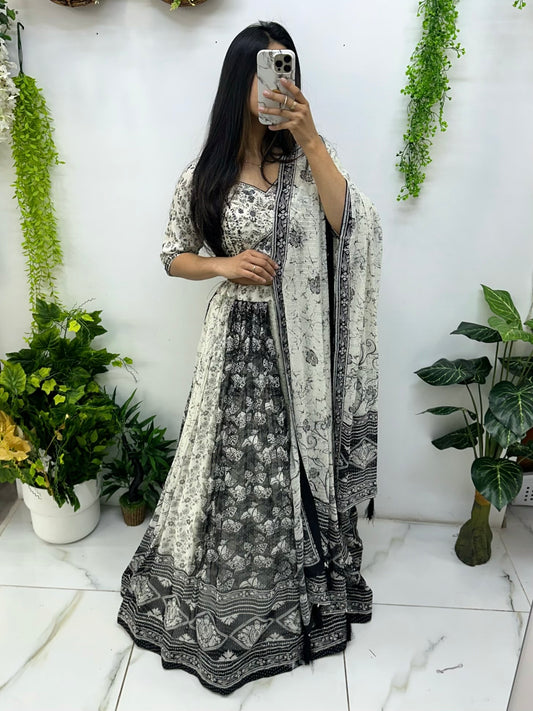Black and white georgette sequence mirror lehenga