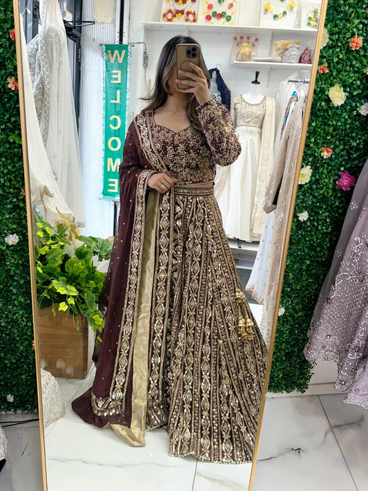 Chocolate brown hand work lehenga