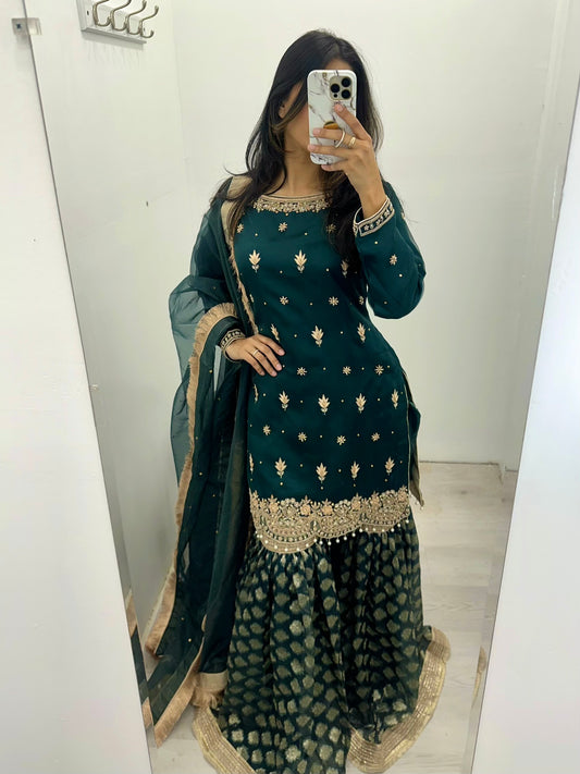 Green hand work gharara suit