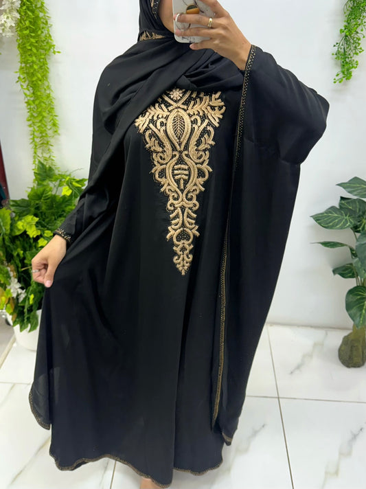Black and beige work abaya set with hijab
