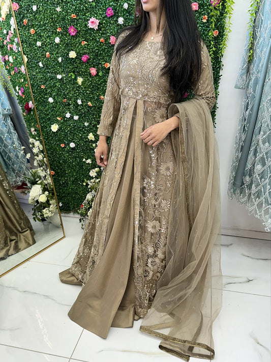 Light taupe lehenga style maxi slit suit