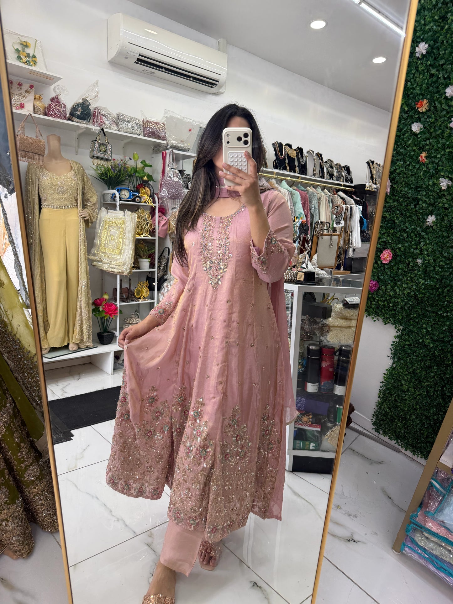 Pink short anarkali palazzo suit