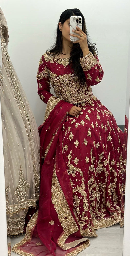 Maroon organza hand work bridal lehenga