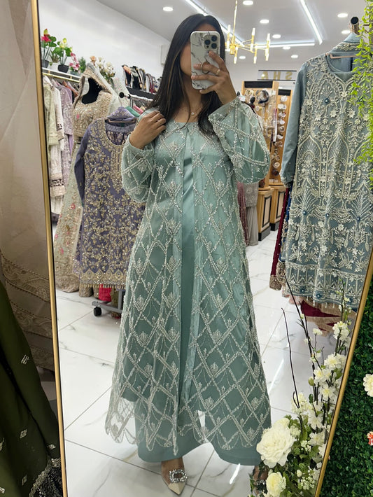 Light aqua blue pearl work silk suit