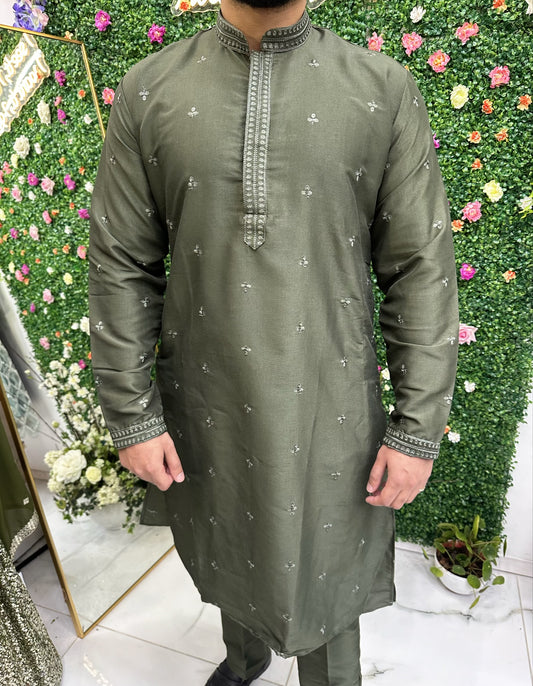 Dark olive green kurta set