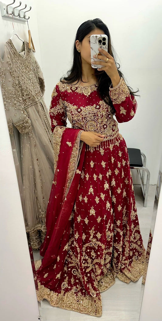 Maroon organza hand work bridal lehenga