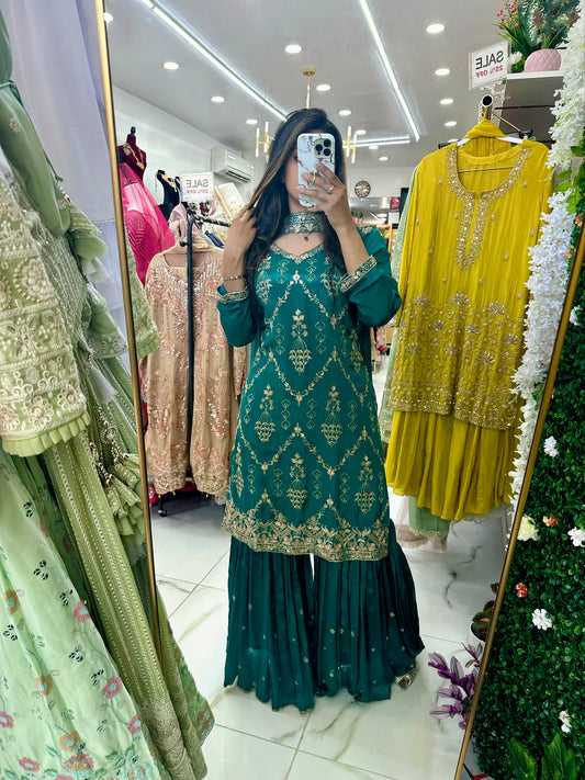 Green silk gharara suit