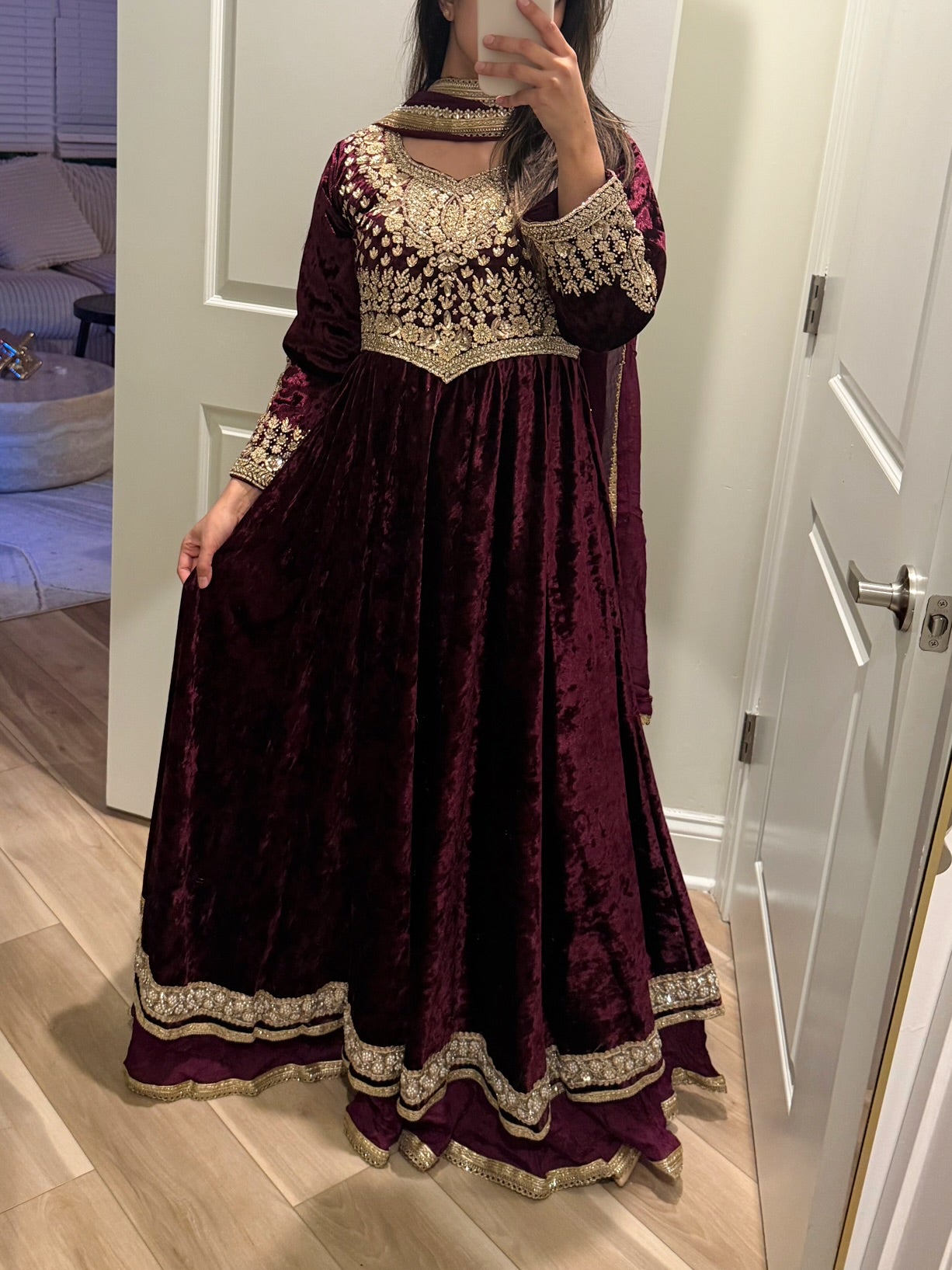 Plum velvet stone work maxi suit