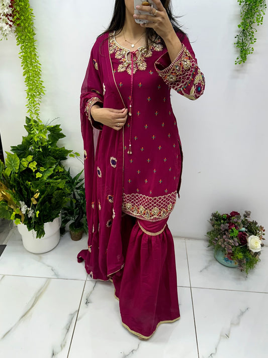 Purple hand work chiffon gharara