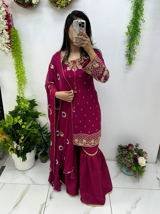 Purple hand work chiffon gharara